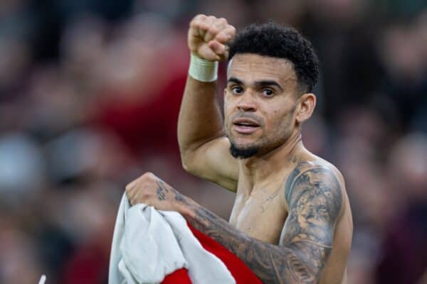 LIVERPOOL, ENGLAND - Sunday, December 1, 2024: Liverpool's Luis Díaz celebrates after the FA Premier League match between Liverpool FC and Manchester City FC at Anfield. Liverpool won 2-0. (Photo by David Rawcliffe/Propaganda)