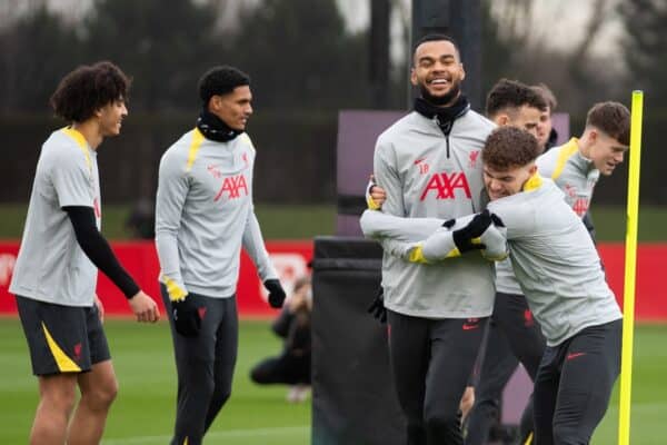LIVERPOOL, ENGLAND - Monday, December 9, 2024: Liverpool's Cody Gakpo (L) and Harvey Elliott during a training session at the AXA Training Centre ahead of the UEFA Champions League match between Girona FC and Liverpool FC. (Photo by Jessica Hornby/Propaganda)