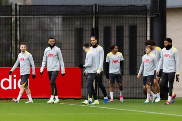 LIVERPOOL, ENGLAND - Monday, December 9, 2024: Liverpool's Diogo Jota, Cody Gakpo, captain Virgil van Dijk and Rio Ngumoha walk out during a training session at the AXA Training Centre ahead of the UEFA Champions League match between Girona FC and Liverpool FC. (Photo by Jessica Hornby/Propaganda)