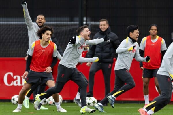 LIVERPOOL, ENGLAND - Monday, December 9, 2024: Liverpool's Andy Robertson reacts along with teammates during a training session at the AXA Training Centre ahead of the UEFA Champions League match between Girona FC and Liverpool FC. (Photo by Jessica Hornby/Propaganda)