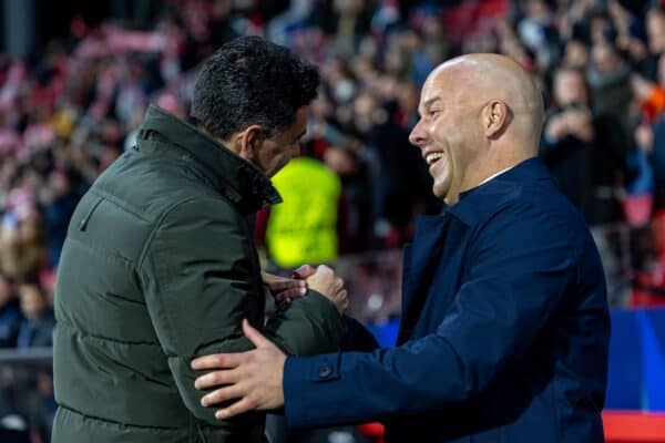 GIRONA, SPAIN - Tuesday, December 10, 2024: Liverpool's head coach Arne Slot (R) and Girona's head coach Miguel Ángel Sánchez Muñoz 'Míchel' during the UEFA Champions League Matchday 6 game between Girona FC and Liverpool FC at the Estadi Montilivi. (Photo by David Rawcliffe/Propaganda)