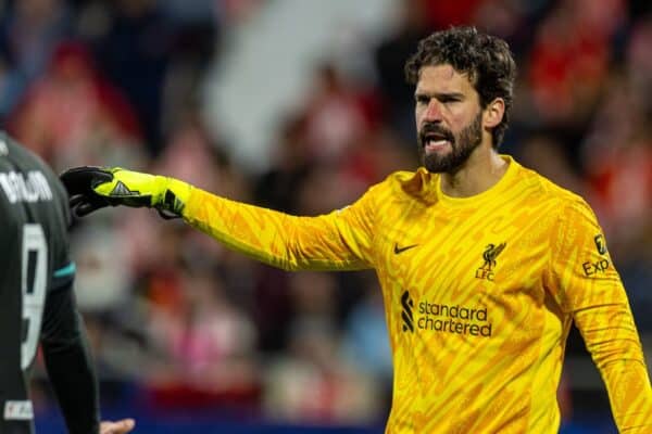 GIRONA, SPAIN - Tuesday, December 10, 2024: Liverpool's goalkeeper Alisson Becker during the UEFA Champions League Matchday 6 game between Girona FC and Liverpool FC at the Estadi Montilivi. (Photo by David Rawcliffe/Propaganda)