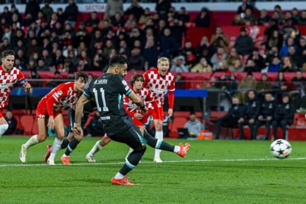 GIRONA, SPAIN - Tuesday, December 10, 2024: Liverpool's Mohamed Salah scores the opening goal from a penalty kick during the UEFA Champions League Matchday 6 game between Girona FC and Liverpool FC at the Estadi Montilivi. (Photo by David Rawcliffe/Propaganda)
