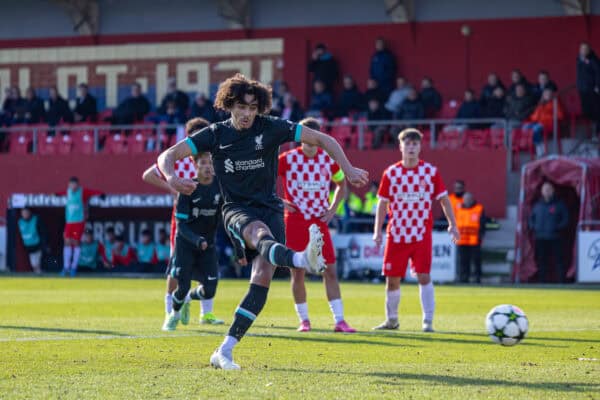 OLOT, SPAIN - Tuesday, December 10, 2024: Liverpool's Jayden Danns scores the first goal with a penalty kick during the UEFA Youth League Matchday 6 game between Girona FC Under-19's and Liverpool FC Under-19's at Estadi Municipal de Olot. (Photo by David Rawcliffe/Propaganda)