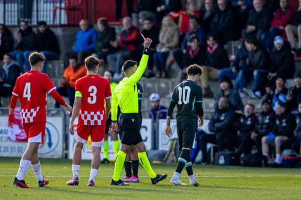 OLOT, SPAIN - Tuesday, December 10, 2024: Liverpool's Ranel Young is shown a red card and sent off during the UEFA Youth League Matchday 6 game between Girona FC Under-19's and Liverpool FC Under-19's at Estadi Municipal de Olot. (Photo by David Rawcliffe/Propaganda)