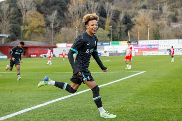OLOT, SPAIN - Tuesday, December 10, 2024: Liverpool's Trent Kone-Doherty celebrates after scoring his side's second goal to level the score 2-2 during the UEFA Youth League Matchday 6 game between Girona FC Under-19's and Liverpool FC Under-19's at Estadi Municipal de Olot. (Photo by David Rawcliffe/Propaganda)