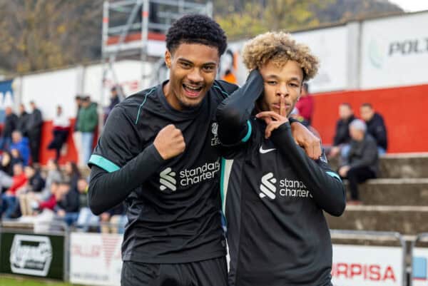 OLOT, SPAIN - Tuesday, December 10, 2024: Liverpool's Trent Kone-Doherty celebrates with team-mate Kyle Kelly (L) after scoring his side's second goal to level the score 2-2 during the UEFA Youth League Matchday 6 game between Girona FC Under-19's and Liverpool FC Under-19's at Estadi Municipal de Olot. (Photo by David Rawcliffe/Propaganda)