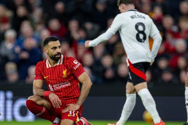 LIVERPOOL, ENGLAND - Saturday, December 14, 2024: Liverpool's Mohamed Salah reacts after missing a chance during the FA Premier League match between Liverpool FC and Fulham FC at Anfield. (Photo by David Rawcliffe/Propaganda)