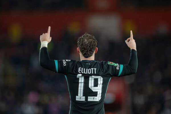 SOUTHAMPTON, ENGLAND - Tuesday, December 17, 2024: Liverpool's Harvey Elliott celebrates after scoring the second goal during the Football League Cup Quarter-Final match between Southampton FC and Liverpool FC at St Mary's Stadium. (Photo by David Rawcliffe/Propaganda)