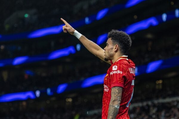 LONDON, ENGLAND - Sunday, December 22, 2024: Liverpool's Luis Díaz celebrates after scoring the first goal with a diving header during the FA Premier League match between Tottenham Hotspur FC and Liverpool FC at the Tottenham Hotspur Stadium. (Photo by David Rawcliffe/Propaganda)