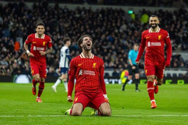 LONDON, ENGLAND - Sunday, December 22, 2024: Liverpool's Dominik Szoboszlai celebrates after scoring his side's third goal during the FA Premier League match between Tottenham Hotspur FC and Liverpool FC at the Tottenham Hotspur Stadium. (Photo by David Rawcliffe/Propaganda)