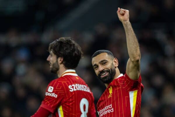LONDON, ENGLAND - Sunday, December 22, 2024: Liverpool's Mohamed Salah celebrates after scoring his side's fourth goal during the FA Premier League match between Tottenham Hotspur FC and Liverpool FC at the Tottenham Hotspur Stadium. (Photo by David Rawcliffe/Propaganda)
