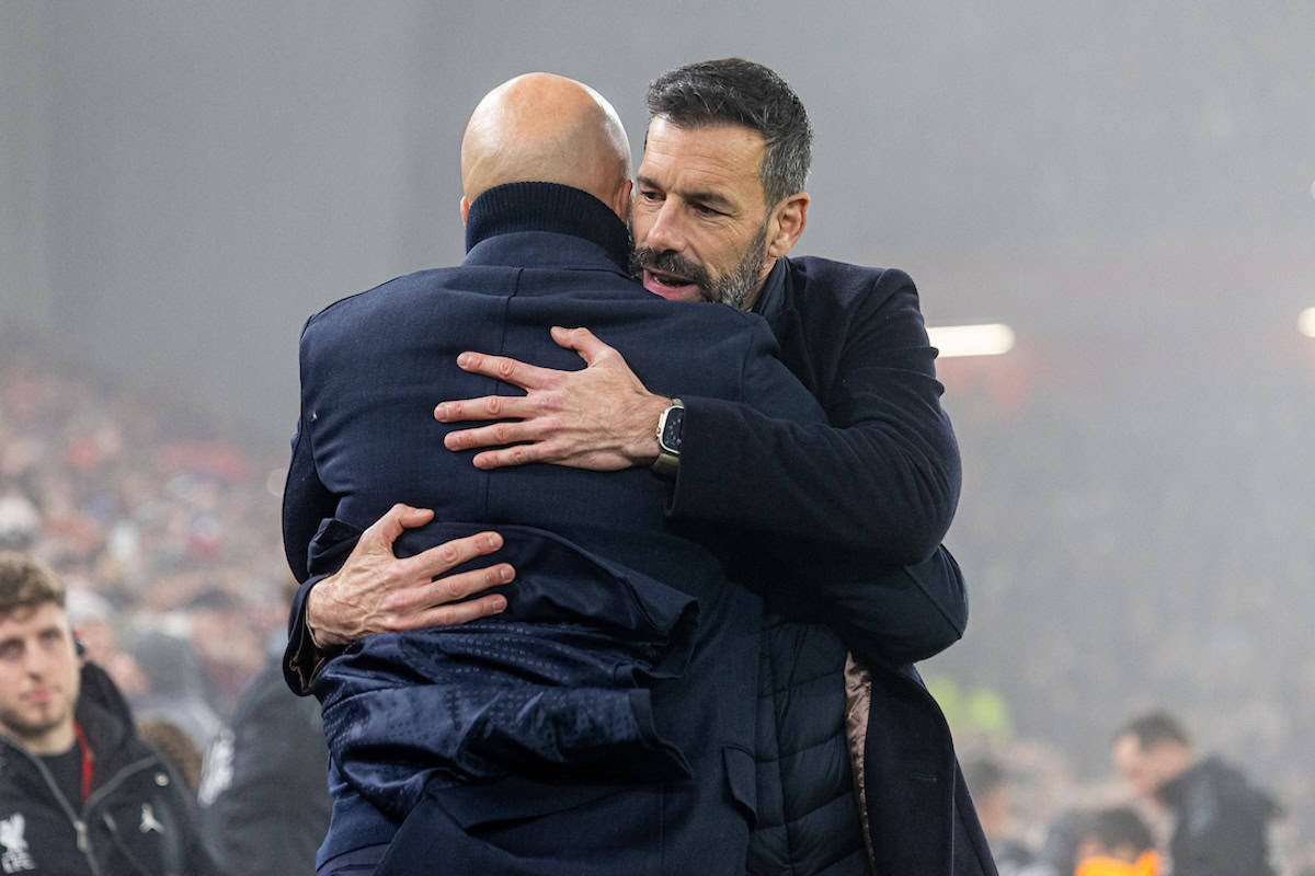 LIVERPOOL, ENGLAND - Saturday, December 14, 2024: Ruud van Nistelrooy (R) and Liverpool's head coach Arne Slot during the FA Premier League match between Liverpool FC and Fulham FC at Anfield. (Photo by David Rawcliffe/Propaganda)