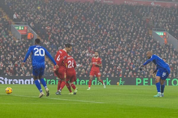 LIVERPOOL, ENGLAND - Saturday, December 14, 2024: Leicester City's Jordan Ayew scores the first goal during the FA Premier League match between Liverpool FC and Fulham FC at Anfield. (Photo by David Rawcliffe/Propaganda)