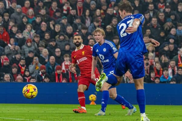 LIVERPOOL, ENGLAND - Saturday, December 14, 2024: Liverpool's Mohamed Salah scores his side's third goal during the FA Premier League match between Liverpool FC and Fulham FC at Anfield. (Photo by David Rawcliffe/Propaganda)