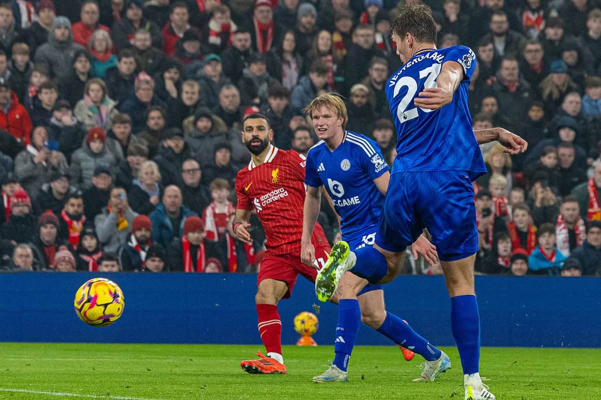LIVERPOOL, ENGLAND - Saturday, December 14, 2024: Liverpool's Mohamed Salah scores his side's third goal during the FA Premier League match between Liverpool FC and Fulham FC at Anfield. (Photo by David Rawcliffe/Propaganda)