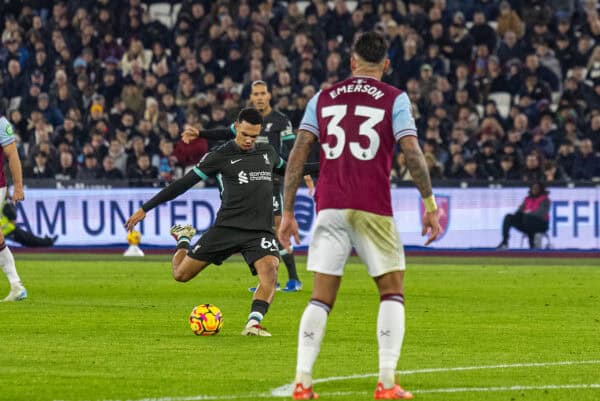 LONDON, ENGLAND - Sunday, December 29, 2024: Liverpool's Trent Alexander-Arnold scores the fourth goal during the FA Premier League match between West Ham United FC and Liverpool FC at the London Stadium. (Photo by David Rawcliffe/Propaganda)