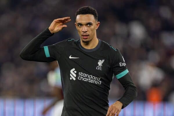 LONDON, ENGLAND - Sunday, December 29, 2024: Liverpool's Trent Alexander-Arnold celebrates after scoring the fourth goal during the FA Premier League match between West Ham United FC and Liverpool FC at the London Stadium. (Photo by David Rawcliffe/Propaganda)