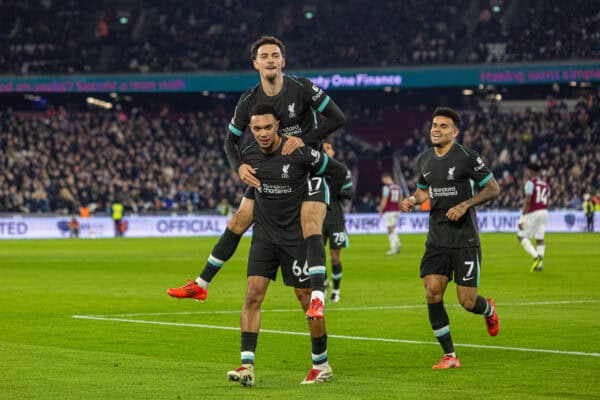 LONDON, ENGLAND - Sunday, December 29, 2024: Liverpool's Trent Alexander-Arnold celebrates after scoring the fourth goal during the FA Premier League match between West Ham United FC and Liverpool FC at the London Stadium. (Photo by David Rawcliffe/Propaganda)