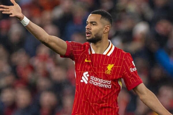 LIVERPOOL, ENGLAND - Sunday, January 5, 2025: Liverpool's Cody Gakpo celebrates after scoring the first equalising goal during the FA Premier League match between Liverpool FC and Manchester United FC at Anfield. (Photo by David Rawcliffe/Propaganda)