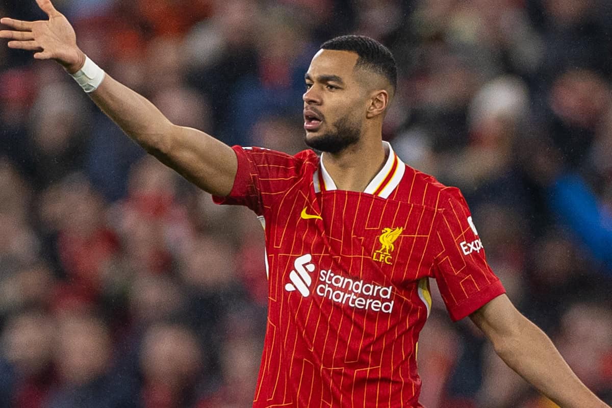 LIVERPOOL, ENGLAND - Sunday, January 5, 2025: Liverpool's Cody Gakpo celebrates after scoring the first equalising goal during the FA Premier League match between Liverpool FC and Manchester United FC at Anfield. (Photo by David Rawcliffe/Propaganda)