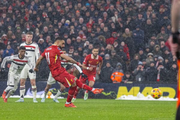 LIVERPOOL, ENGLAND - Sunday, January 5, 2025: Liverpool's Mohamed Salah scores the second goal from a penalty kick during the FA Premier League match between Liverpool FC and Manchester United FC at Anfield. (Photo by David Rawcliffe/Propaganda)