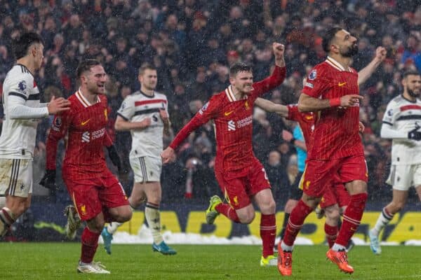 LIVERPOOL, ENGLAND - Sunday, January 5, 2025: Liverpool's Mohamed Salah celebrates after scoring the second goal during the FA Premier League match between Liverpool FC and Manchester United FC at Anfield. (Photo by David Rawcliffe/Propaganda)