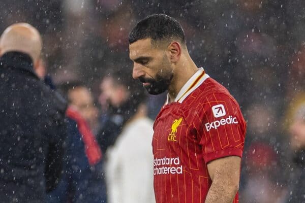 LIVERPOOL, ENGLAND - Sunday, January 5, 2025: Mohamed Salah dejected after the FA Premier League match between Liverpool FC and Manchester United FC at Anfield. (Photo by David Rawcliffe/Propaganda)