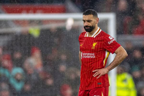 LIVERPOOL, ENGLAND - Sunday, January 5, 2025: Liverpool's Mohamed Salah reacts as Manchester United score a late equalising second goal during the FA Premier League match between Liverpool FC and Manchester United FC at Anfield. (Photo by David Rawcliffe/Propaganda)