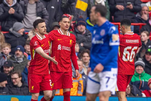 LIVERPOOL, ENGLAND - Saturday, January 11, 2025: Liverpool's Diogo Jota (L) celebrates after scoring the first goal during the FA Cup 3rd Round match between Liverpool FC and Accrington Stanley FC at Anfield. (Photo by David Rawcliffe/Propaganda)