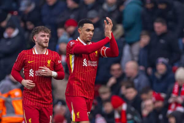 LIVERPOOL, ENGLAND - Saturday, January 11, 2025: Liverpool's Trent Alexander-Arnold celebrates after scoring the second goal during the FA Cup 3rd Round match between Liverpool FC and Accrington Stanley FC at Anfield. (Photo by David Rawcliffe/Propaganda)
