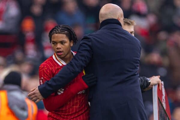 LIVERPOOL, ENGLAND - Saturday, January 11, 2025: Liverpool's Rio Ngumoha with head coach Arne Slot as he is substituted during the FA Cup 3rd Round match between Liverpool FC and Accrington Stanley FC at Anfield. (Photo by David Rawcliffe/Propaganda)