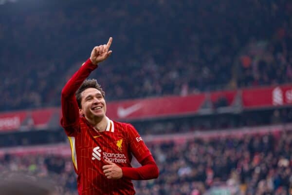 LIVERPOOL, ENGLAND - Saturday, January 11, 2025: Liverpool's Federico Chiesa celebrates after scoring the fourth goal during the FA Cup 3rd Round match between Liverpool FC and Accrington Stanley FC at Anfield. (Photo by David Rawcliffe/Propaganda)