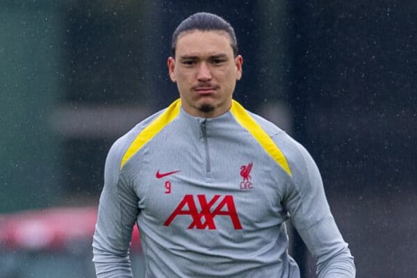 LIVERPOOL, ENGLAND - Monday, January 20, 2025: Liverpool's Darwin Núñez during a training session at the AXA Training Centre ahead of the UEFA Champions League match between Liverpool FC and LOSC Lille. (Photo by David Rawcliffe/Propaganda)