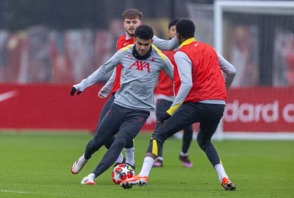 LIVERPOOL, ENGLAND - Monday, January 20, 2025: Liverpool's Luis Díaz during a training session at the AXA Training Centre ahead of the UEFA Champions League match between Liverpool FC and LOSC Lille. (Photo by David Rawcliffe/Propaganda)