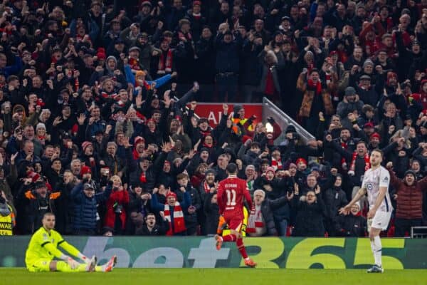 LIVERPOOL, ENGLAND - Tuesday, January 21, 2025: Liverpool's Mohamed Salah celebrates after scoring the first goal during the UEFA Champions League game between Liverpool FC and Lille OSC at Anfield. (Photo by David Rawcliffe/Propaganda)