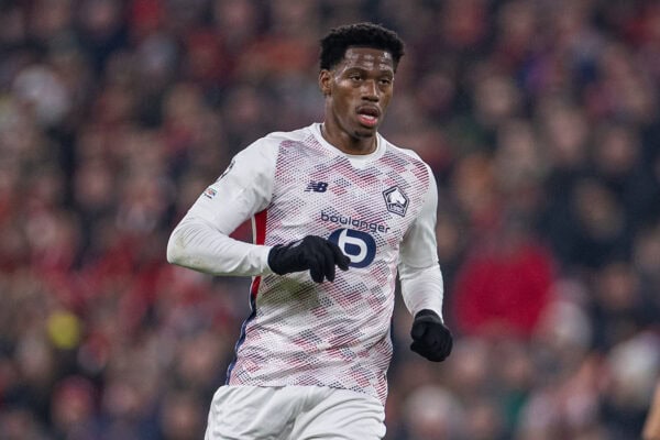 LIVERPOOL, ENGLAND - Tuesday, January 21, 2025: Lille's Jonathan David during the UEFA Champions League game between Liverpool FC and Lille OSC at Anfield. (Photo by David Rawcliffe/Propaganda)