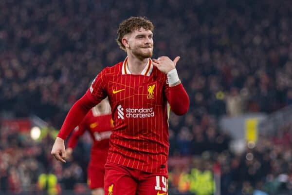 LIVERPOOL, ENGLAND - Tuesday, January 21, 2025: Liverpool's Harvey Elliott celebrates scoring his side's second goal during the UEFA Champions League game between Liverpool FC and Lille OSC at Anfield. (Photo by David Rawcliffe/Propaganda)