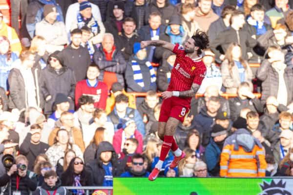 LIVERPOOL, ENGLAND - Saturday, January 25, 2025: Liverpool's Dominik Szoboszlai celebrates after scoring the first goal during the FA Premier League match between Liverpool FC and Ipswich Town FC at Anfield. (Photo by David Rawcliffe/Propaganda)