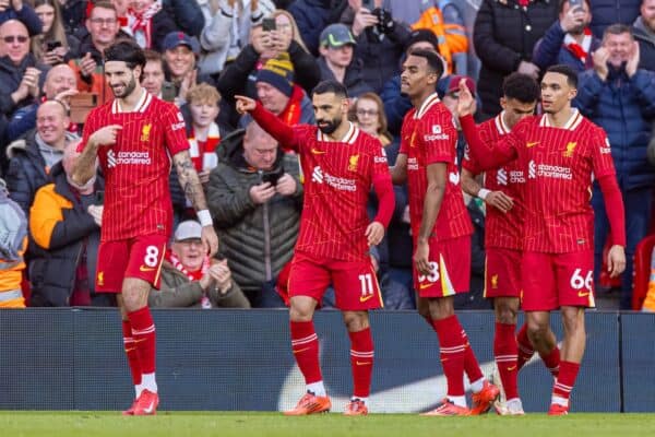 LIVERPOOL, ENGLAND - Saturday, January 25, 2025: Liverpool's Mohamed Salah celebrates after scoring the second goal during the FA Premier League match between Liverpool FC and Ipswich Town FC at Anfield. (Photo by David Rawcliffe/Propaganda)