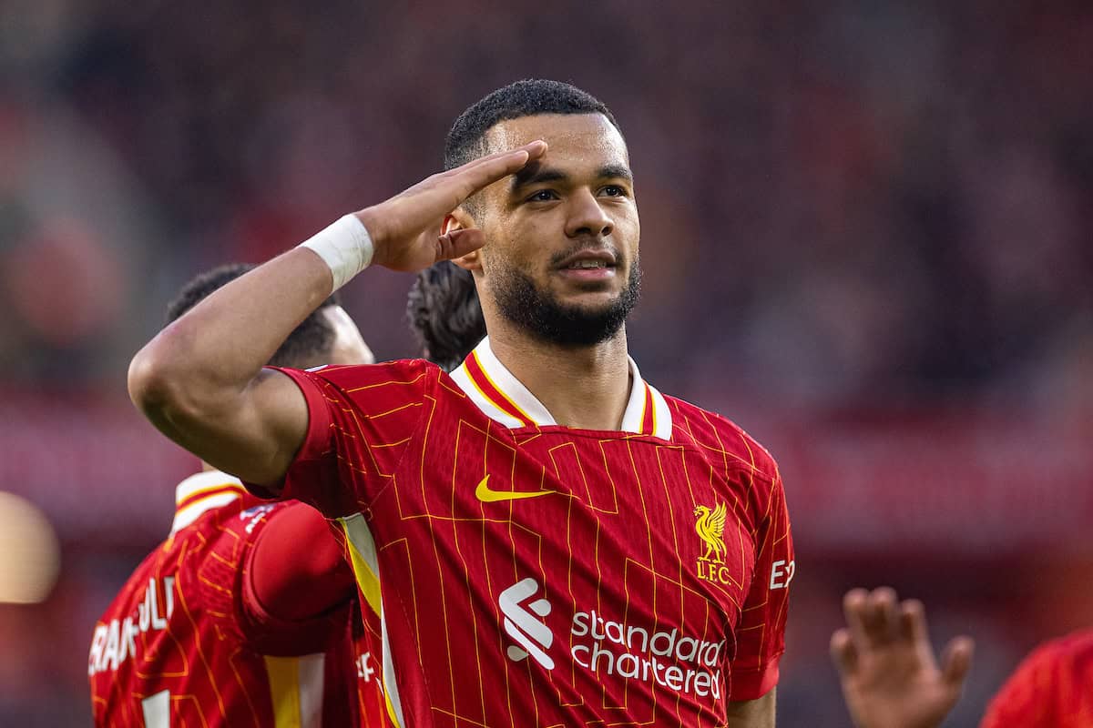 LIVERPOOL, ENGLAND - Saturday, January 25, 2025: Liverpool's Cody Gakpo celebrates after scoring his side's fourth goal during the FA Premier League match between Liverpool FC and Ipswich Town FC at Anfield. (Photo by David Rawcliffe/Propaganda)