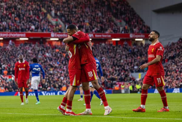 LIVERPOOL, ENGLAND - Saturday, January 25, 2025: Liverpool's Cody Gakpo (R) celebrates with team-mate Trent Alexander-Arnold after scoring his side's fourth goal during the FA Premier League match between Liverpool FC and Ipswich Town FC at Anfield. (Photo by David Rawcliffe/Propaganda)