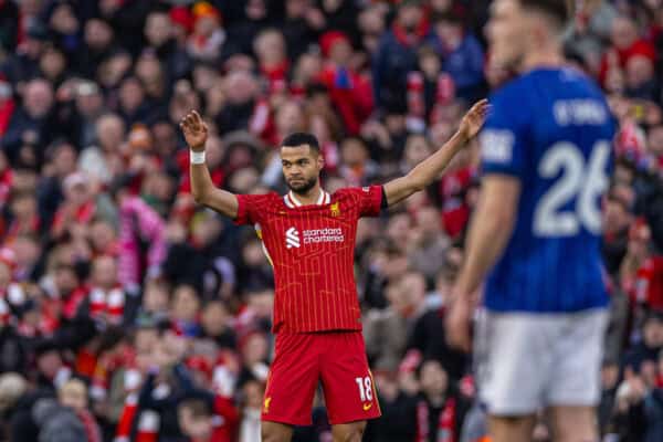 LIVERPOOL, ENGLAND - Saturday, January 25, 2025: Liverpool's Cody Gakpo celebrates after scoring his side's fourth goal during the FA Premier League match between Liverpool FC and Ipswich Town FC at Anfield. (Photo by David Rawcliffe/Propaganda)