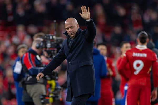 LIVERPOOL, ENGLAND - Saturday, January 25, 2025: Liverpool's head coach Arne Slot celebrates after the FA Premier League match between Liverpool FC and Ipswich Town FC at Anfield. Liverpool won 4-1. (Photo by David Rawcliffe/Propaganda)