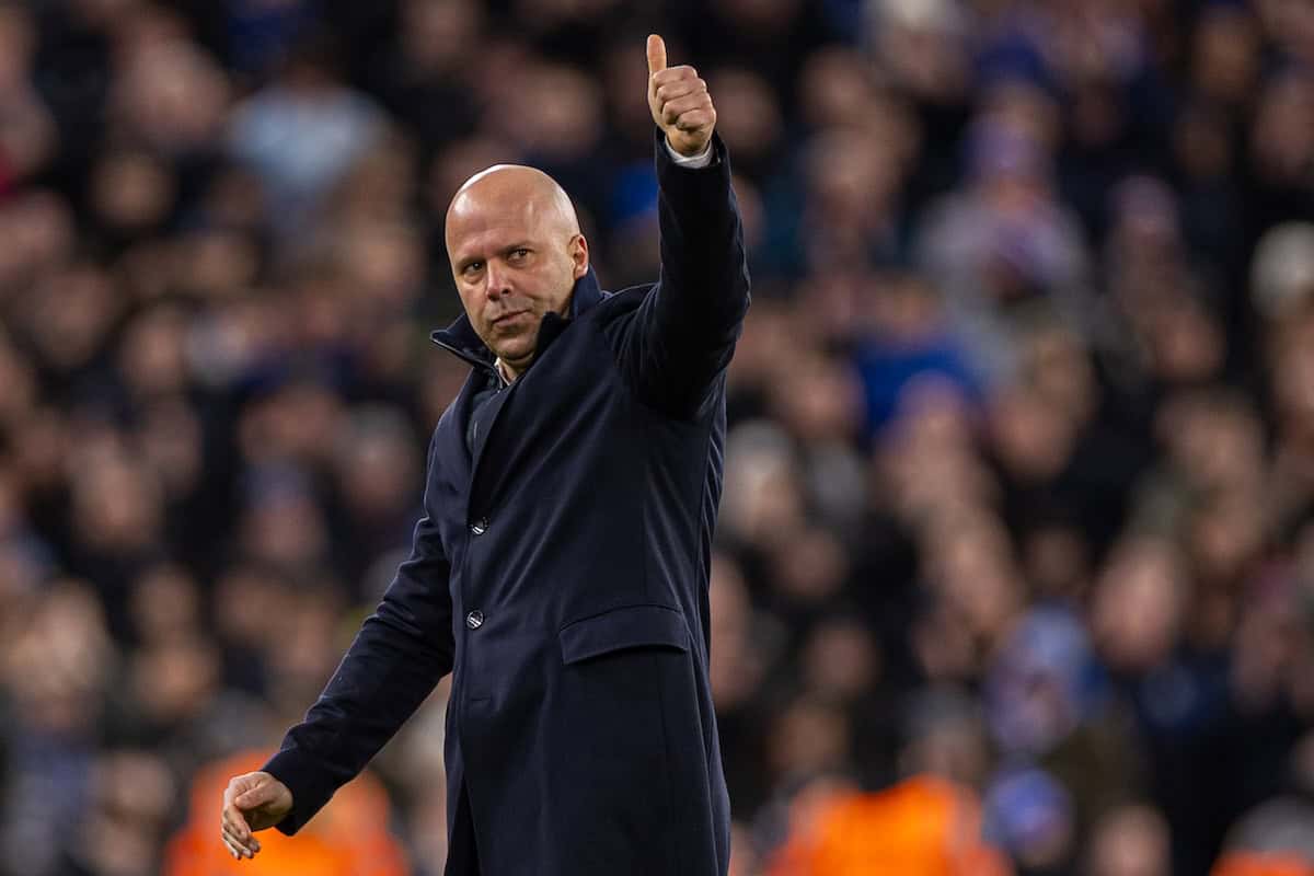LIVERPOOL, ENGLAND - Saturday, January 25, 2025: Liverpool's head coach Arne Slot celebrates after the FA Premier League match between Liverpool FC and Ipswich Town FC at Anfield. Liverpool won 4-1. (Photo by David Rawcliffe/Propaganda)