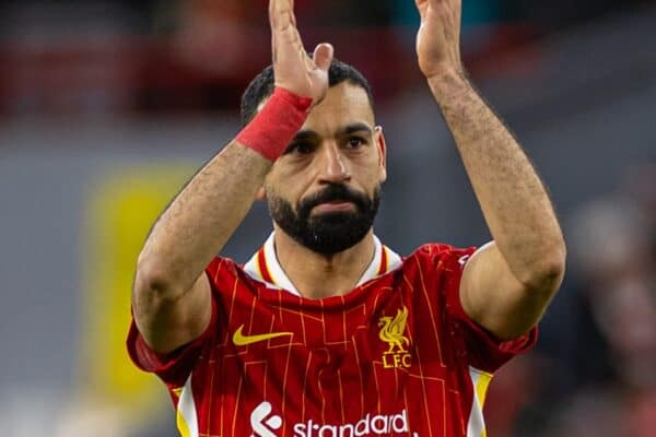 LIVERPOOL, ENGLAND - Saturday, January 25, 2025: Liverpool's Mohamed Salah applauds the supporters after the FA Premier League match between Liverpool FC and Ipswich Town FC at Anfield. Liverpool won 4-1. (Photo by David Rawcliffe/Propaganda)
