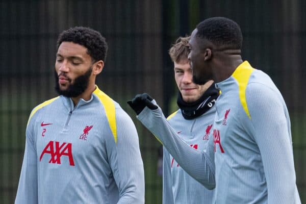 LIVERPOOL, ENGLAND - Tuesday, January 28, 2025: Liverpool's Andy Robertson and captain Virgil van Dijk during a training session at the AXA Training Centre ahead of the UEFA Champions League match between PSV Eindhoven and Liverpool FC. (Photo by Jon Super/Propaganda)