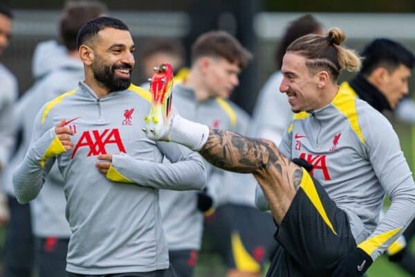 LIVERPOOL, ENGLAND - Tuesday, January 28, 2025: Liverpool's Mohamed Salah (L) and Kostas Tsimikas during a training session at the AXA Training Centre ahead of the UEFA Champions League match between PSV Eindhoven and Liverpool FC. (Photo by Jon Super/Propaganda)