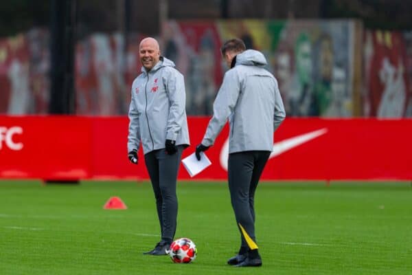 LIVERPOOL, ENGLAND - Tuesday, January 28, 2025: Liverpool's head coach Arne Slot during a training session at the AXA Training Centre ahead of the UEFA Champions League match between PSV Eindhoven and Liverpool FC. (Photo by Jon Super/Propaganda)