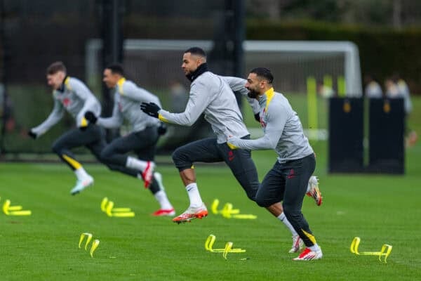 LIVERPOOL, ENGLAND - Tuesday, January 28, 2025: Liverpool's Cody Gakpo and Mohamed Salah during a training session at the AXA Training Centre ahead of the UEFA Champions League match between PSV Eindhoven and Liverpool FC. (Photo by Jon Super/Propaganda)